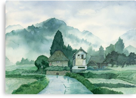 550x399 Japanese Village , After Rain , Art Watercolor Painting Print By - Japanese Watercolor Prints