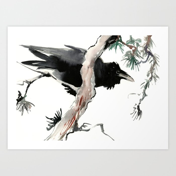 700x700 Raven, Japanese Ink Art, Traditional Asian Watercolor Art Print By - Japanese Watercolor Prints