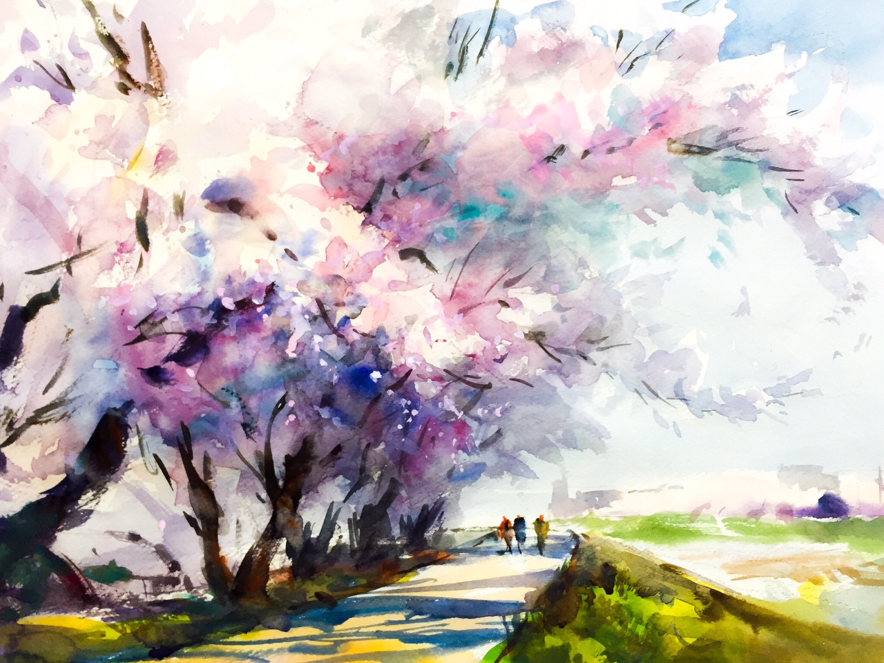 1280x960 Cherry Blossom Landscape Watercolor Painting Process And - Japanese Watercolor Techniques