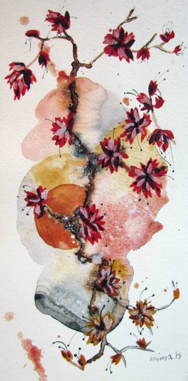 375x759 Japanese Flower Tree Painting By Milica Mihajlovic Njistor - Japanese Watercolor Tree