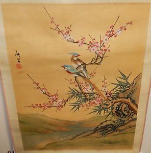 296x300 Old Japanese Two Birds On A Blossom Tree Original Watercolor - Japanese Watercolor Tree