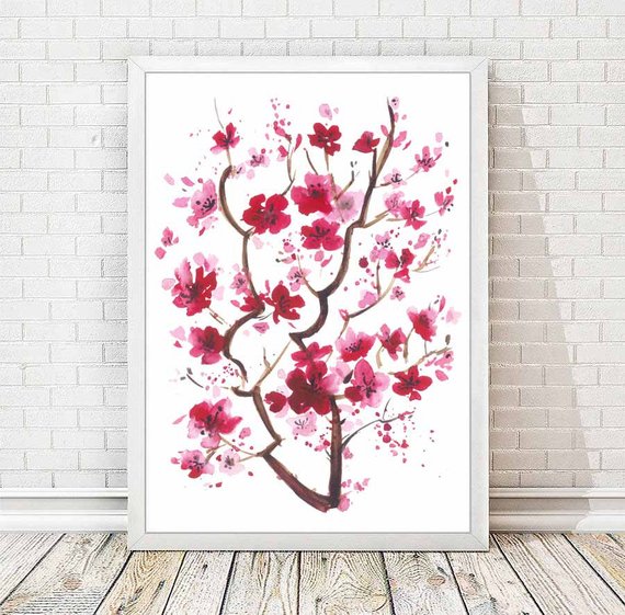 570x561 Cherry Blossom Watercolor Print Japanese Abstract Painting Etsy - Japanese Watercolor Tree