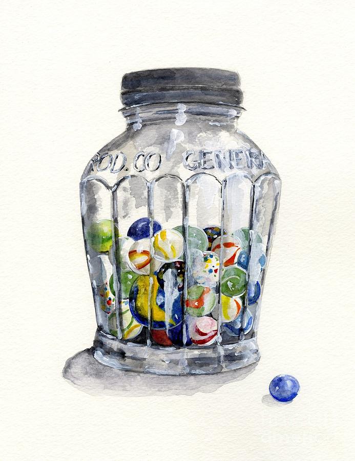 693x900 Jar With Marbles Watercolor Painting By Sheryl Heatherly Hawkins - Jar Watercolor
