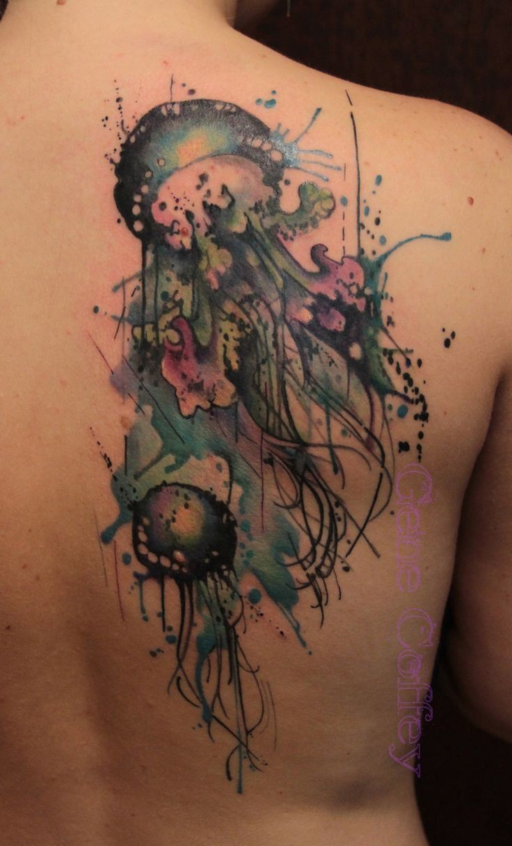 736x1216 Jellyfish Watercolor Tattoo On Back - Jellyfish Watercolor Tattoo