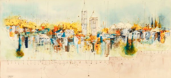 600x275 Vintage Israeli Watercolor, Jerusalem, Circa 1950 - Jerusalem Watercolor