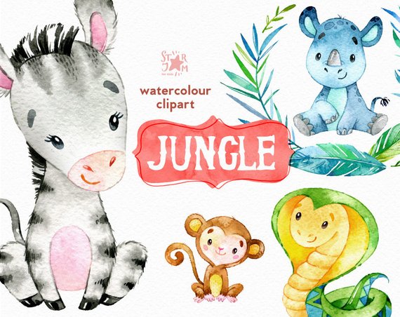 570x452 Jungle. Watercolor Animals Clipart Zebra Rhino Snake Etsy - Jungle Watercolor