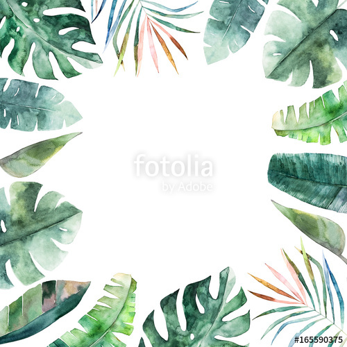 500x500 Watercolor Frame With Tropical Jungle Leaves.hand Drawn Aloha - Jungle Watercolor