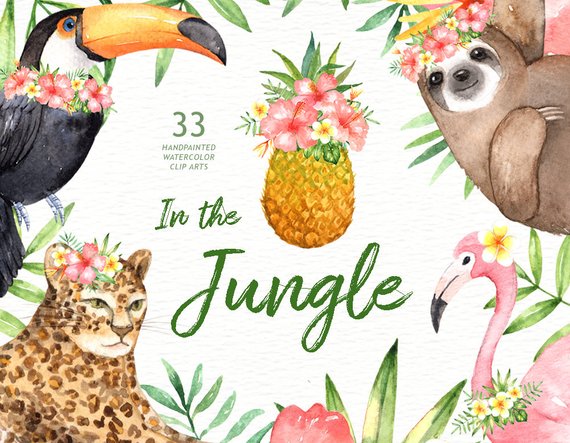 570x443 In The Jungle Watercolor Clipart Woodland Animals Kids Etsy - Jungle Watercolor