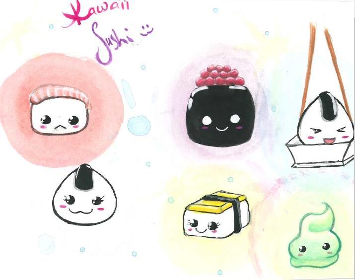 715x564 Kawaii Sushi (Watercolor) By Jazzmyusic - Kawaii Watercolor