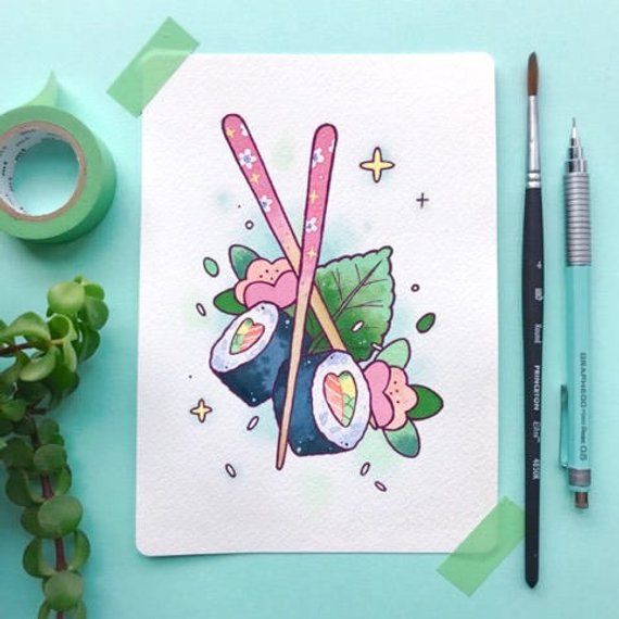 570x570 Sushi Lovers Kawaii Watercolor Tattoo Flash Print By Michelle Etsy - Kawaii Watercolor