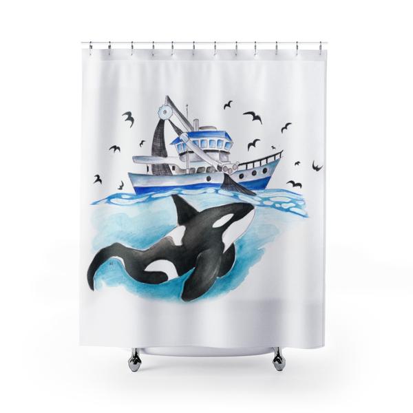 600x600 Orca Killer Whale And The Boat Watercolor Art Shower Curtain - Killer Whale Watercolor