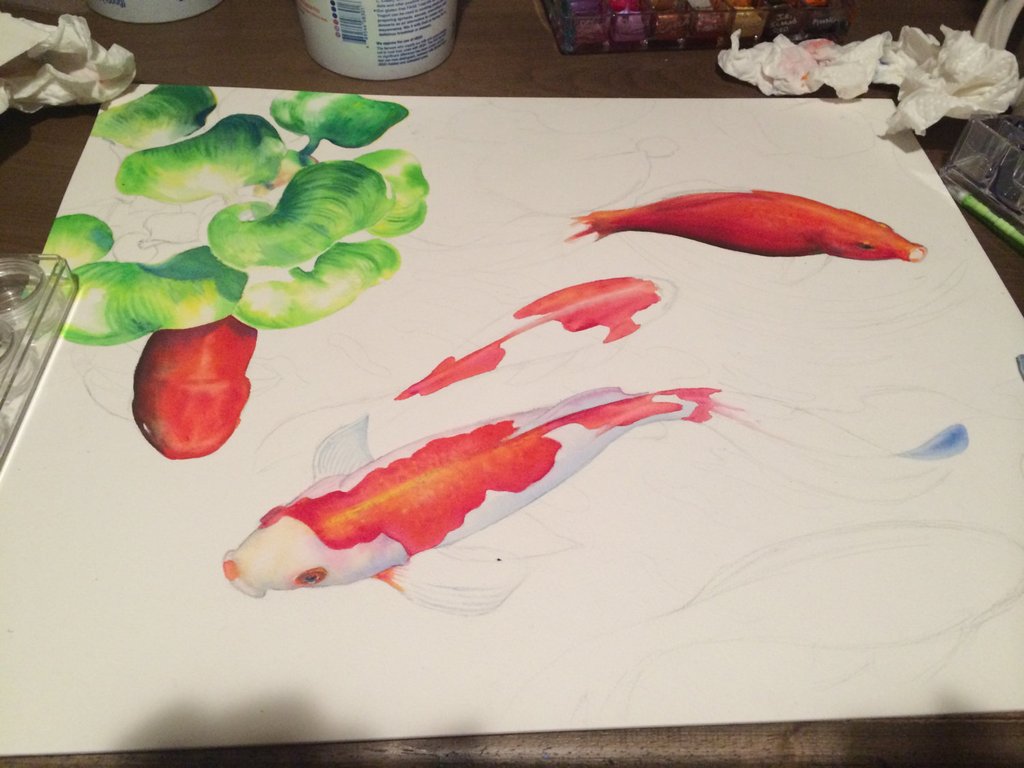 1024x768 Original Watercolor Painting Koi Fish Pond Art, Nature Art, Art - Koi Fish Watercolor