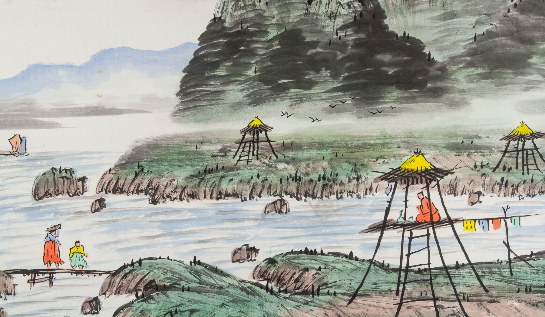 1800x1047 Korean Watercolour Mountain Coast Artist Signed - Korean Watercolor