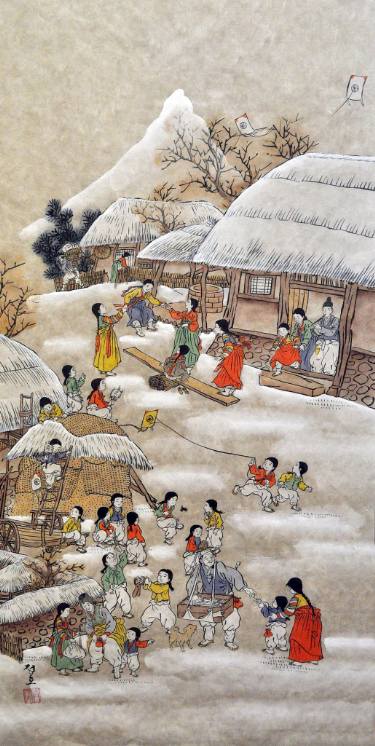 375x746 Traditional Korean Winter Folk Village Original Watercolor - Korean Watercolor