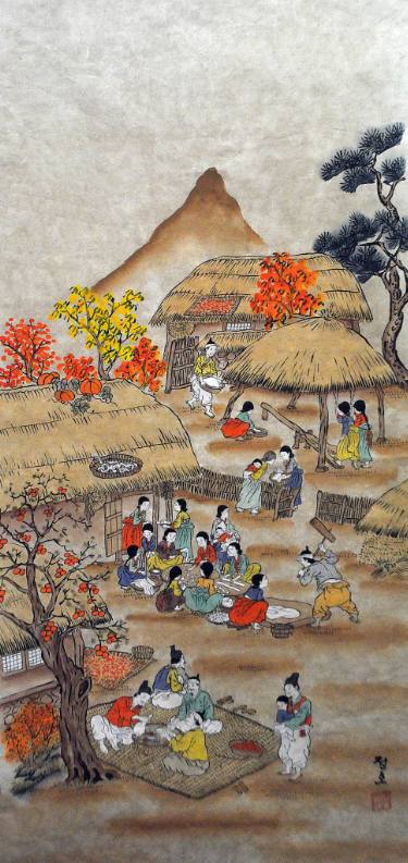 375x793 Traditional Korean Folk Autumn Plowing Original Watercolor - Korean Watercolor Paintings