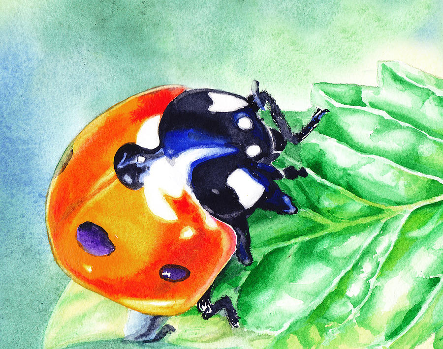 900x710 Ladybug On The Leaf Painting By Irina Sztukowski - Ladybug Watercolor