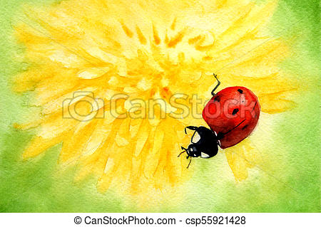 450x319 Yellow Dandelion With Ladybug, Watercolor. - Ladybug Watercolor