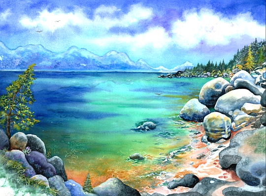 540x399 Lake Tahoe Shore - Lake Tahoe Watercolor
