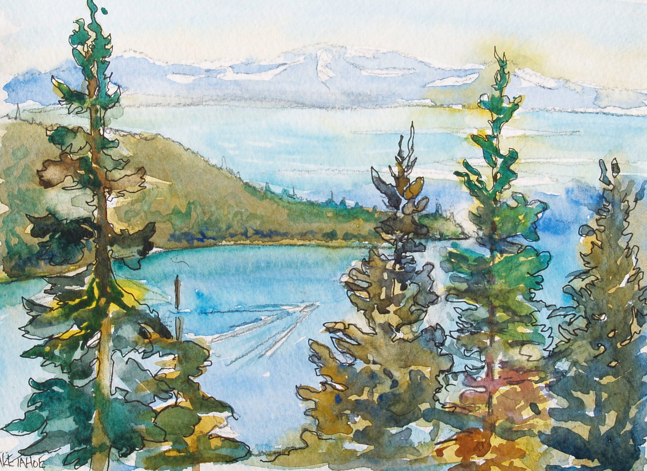 2259x1645 Lake Tahoe. Watercolor 9 By 7 Inches. The Road Here Drops Away - Lake Tahoe Watercolor