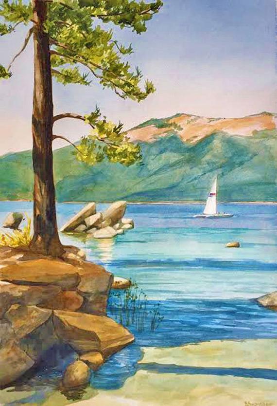 570x834 Original Lake Tahoe With Boat Watercolor Painting - Lake Tahoe Watercolor