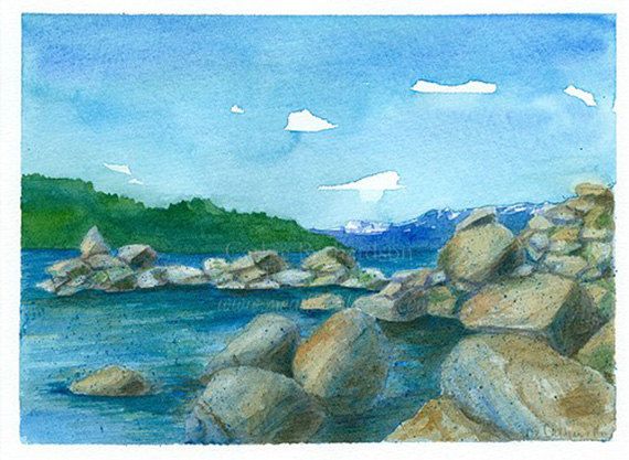 570x417 Sand Harbor Lake Tahoe Original Watercolor Painting Watercolor - Lake Tahoe Watercolor