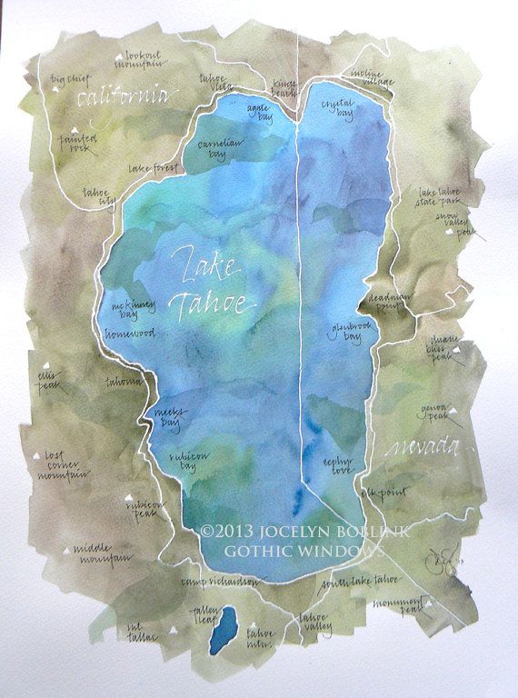 570x768 Watercolor Map Of Lake Tahoe Original Signed By Jocelynsinkwell - Lake Tahoe Watercolor