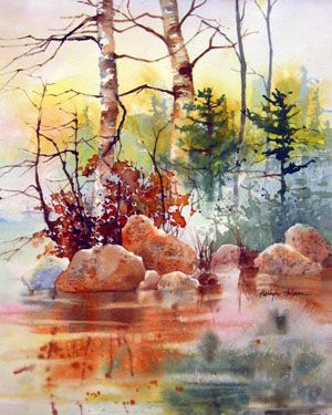 300x375 Tout Simplement Superbe! Jaune Et Bleu Painting - Landscape Watercolor Paintings Gallery