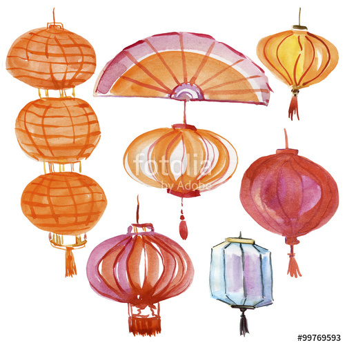 500x500 Set Of Chinese Red Lanterns. Watercolor Illustration. Watercolor - Lantern Watercolor