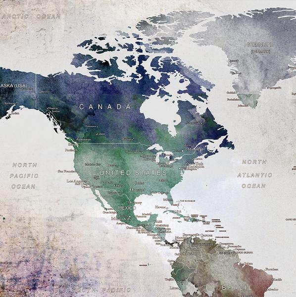 598x600 Large World Map Watercolor Push Pin, Push Pin Travel Wolrd Map - Large Watercolor