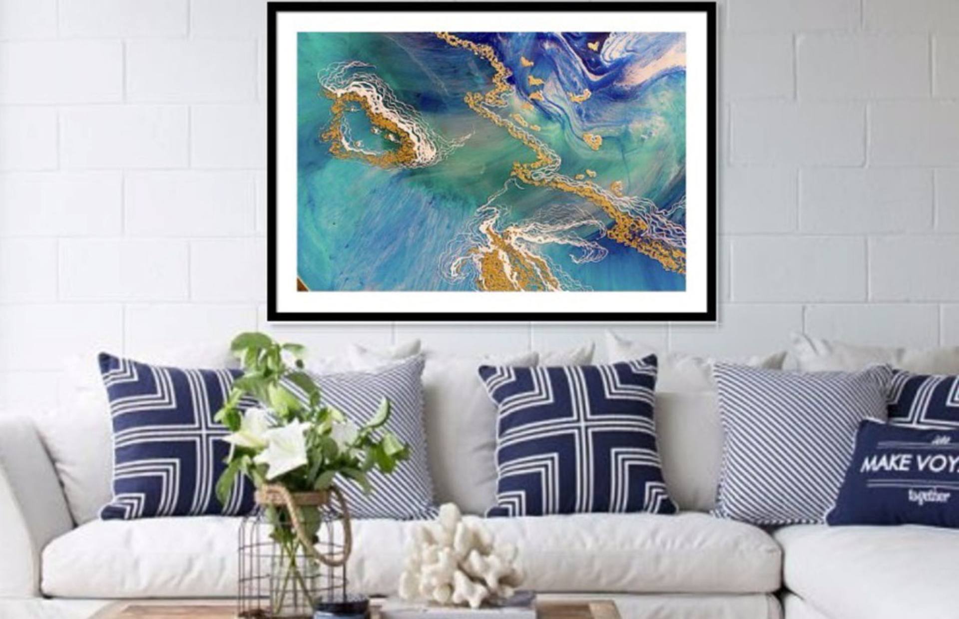 1920x1241 Aqua Blue Ocean Art Wave Painting Large Abstract Seascape Gold - Large Watercolor Art