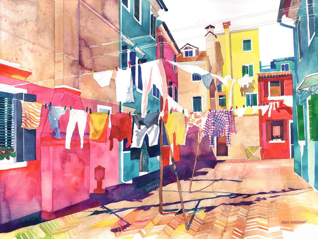 1032x775 Laundry In Venice By Takmaj Art And Illustration - Laundry Watercolor