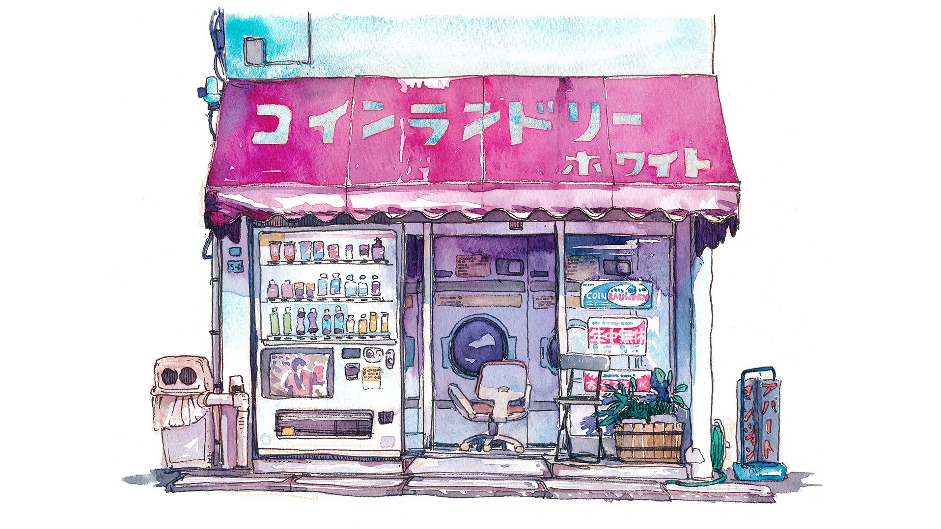 1916x1078 Painting A Coin Laundry Sketch - Laundry Watercolor