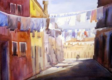 375x269 Venice Laundry Watercolor On Paper Painting By Samiran Sarkar - Laundry Watercolor