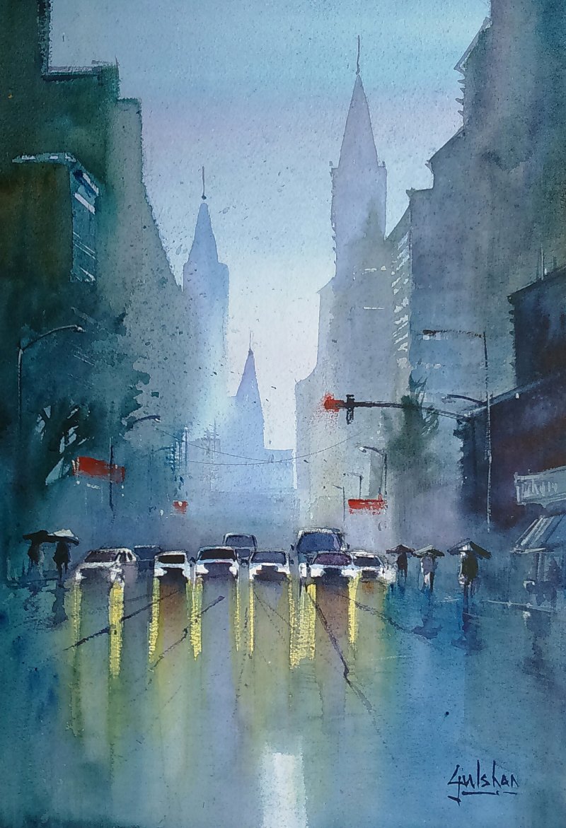 800x1171 The Confusing Red Light By Artist Gulshan Achari Cityscape Art - Light Watercolor