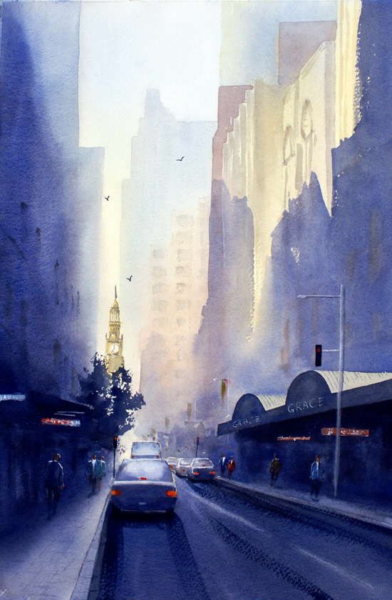 550x840 York Street, Sydney Watercolor Painting. Early Morning Light With - Light Watercolor