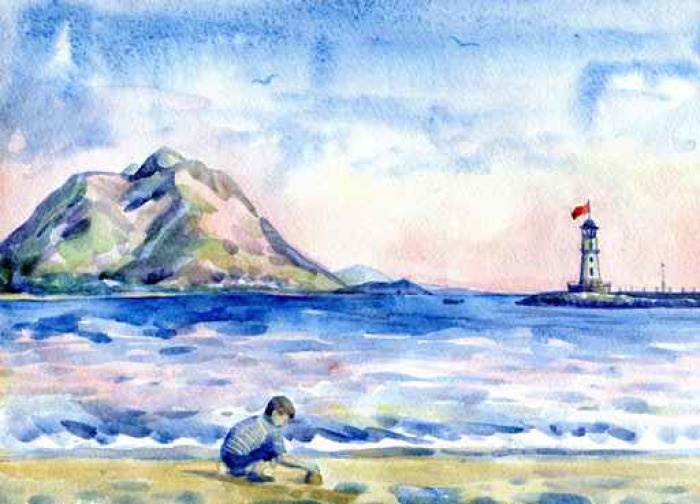 700x504 Little Boy On The Beach. Seascape With Lighthouse. Watercolor - Lighthouse Watercolor