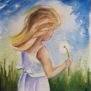 299x299 Dandelion Watercolor Painting Of Little Girl With White Dress - Little Girl Watercolor