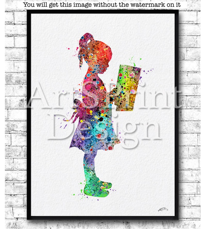 800x888 Little Girl With A Book Watercolor Print - Little Girl Watercolor