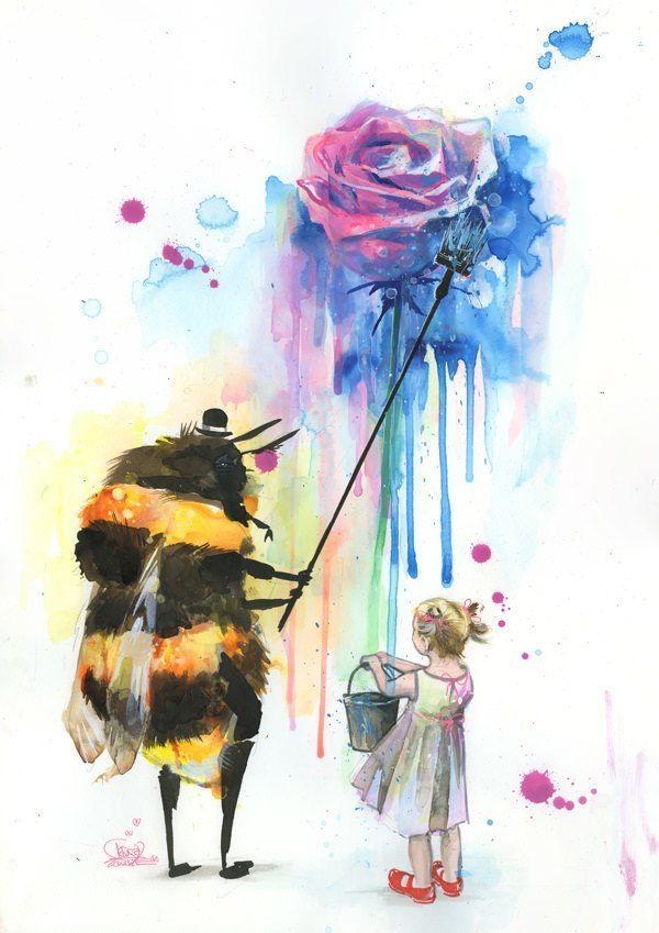 600x849 A Bee Paints A Rose For A Little Girl In This Splatter Watercolor - Little Girl Watercolor