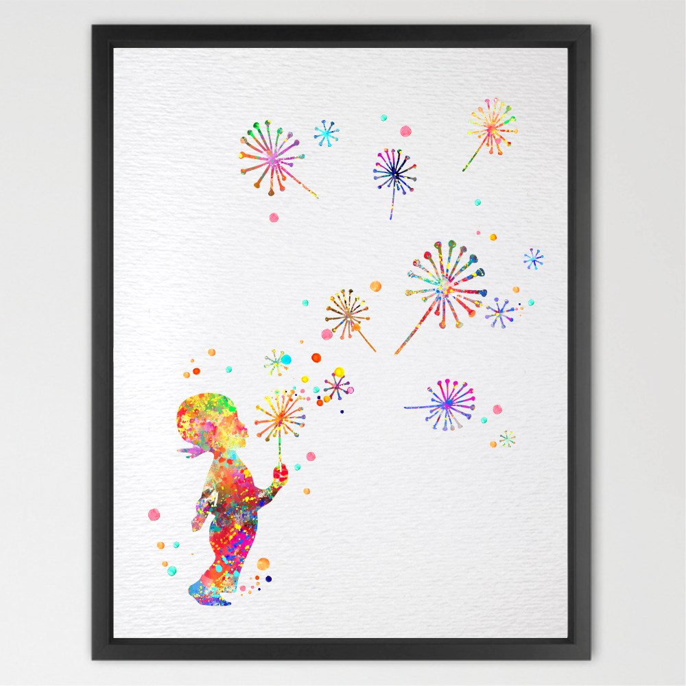 1000x1000 Little Girl Amp Dandelion Contemporary Watercolor Art Print N118 - Little Girl Watercolor