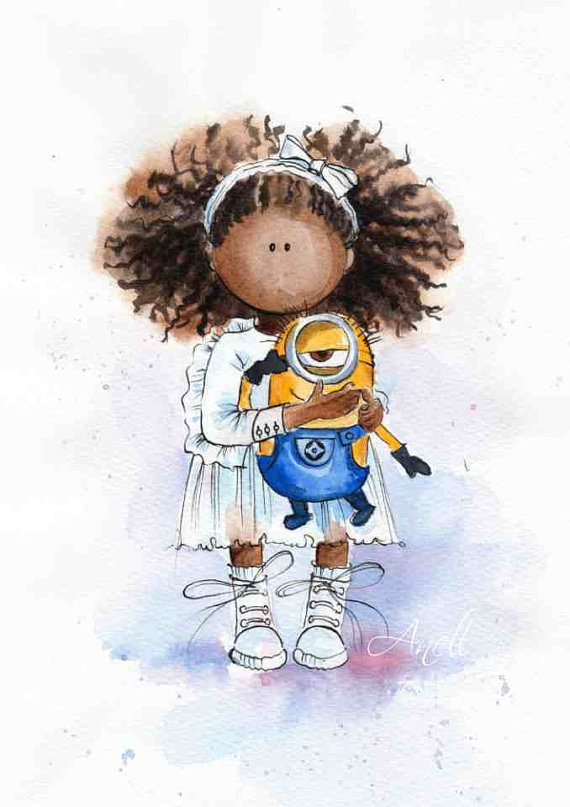 570x807 African American Little Girl With Minion - Little Girl Watercolor