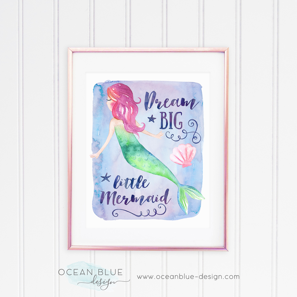 985x984 Mermaid Watercolor Childrens Nursery Room Print, Dream Big, Little - Little Mermaid Watercolor