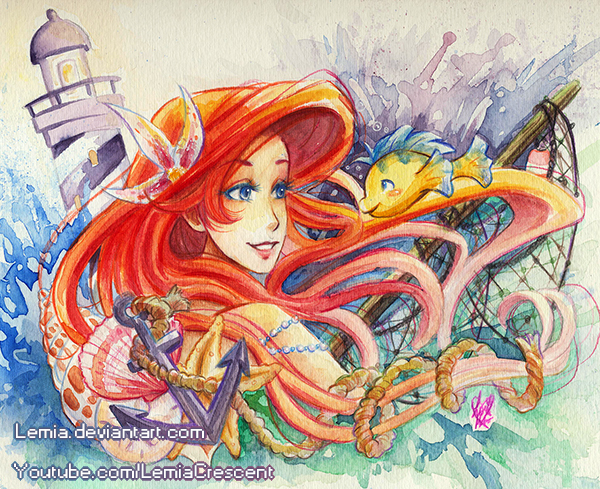 600x489 The Little Mermaid Nautical Watercolor Painting By Lemiacrescent - Little Mermaid Watercolor