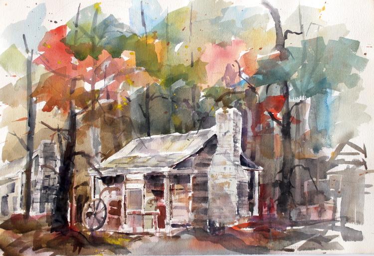 750x514 Jim Turner, Charming Log Cabin, Original Watercolor - Log Cabin Watercolor