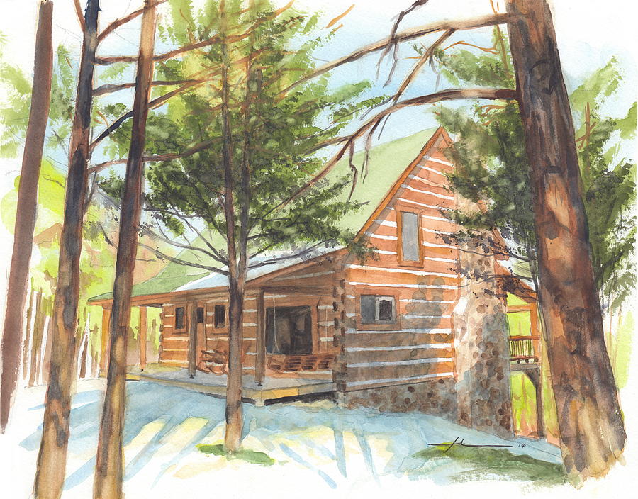 900x704 Log Cabin In The Woods Watercolor Portrait Drawing By Mike Theuer - Log Cabin Watercolor
