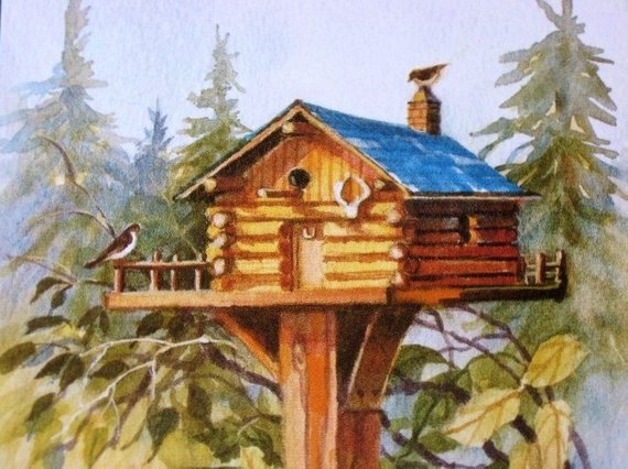 570x426 Log Cabin Rustic Bird House Watercolor Art Print Etsy - Log Cabin Watercolor