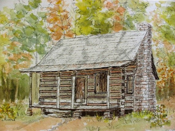 570x427 Log Cabins 3 Watercolor Pen Amp Ink Originals Set Of Three Etsy - Log Cabin Watercolor