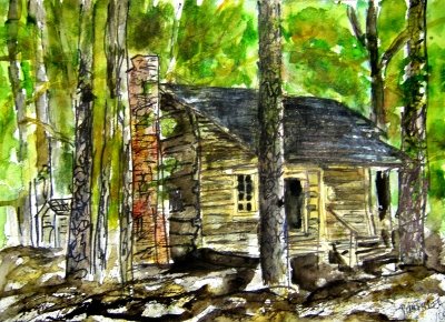 400x290 Log Cabin Painting Watercolor Paintings And Art Prints - Log Cabin Watercolor