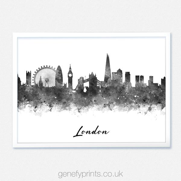 600x600 London Skyline Black And White Watercolor Print - London Skyline Watercolor