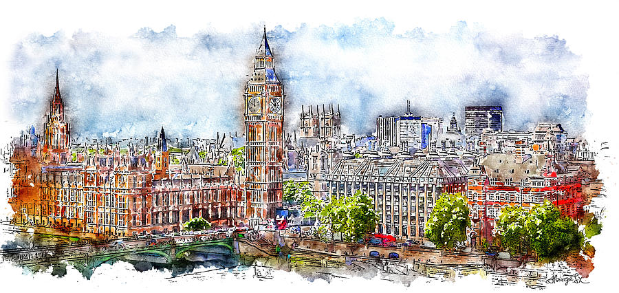 900x426 London Skyline Watercolor Digital Art By Atsurge Jk Wang - London Skyline Watercolor